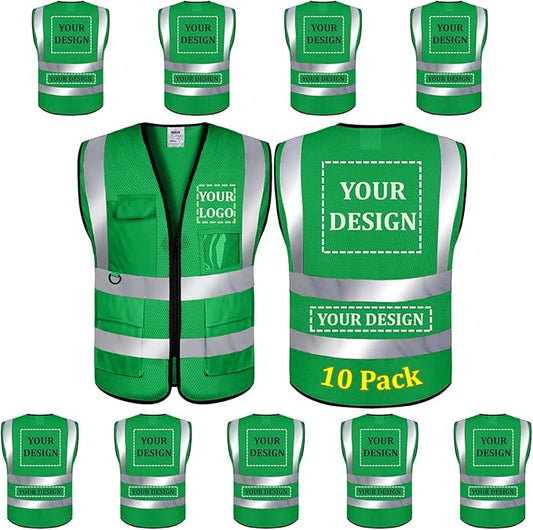 10 Pack Mesh Safety Vest Custom Logo High Visibility Reflective Vest with Pockets Security Work Vest（Green，XXL）
