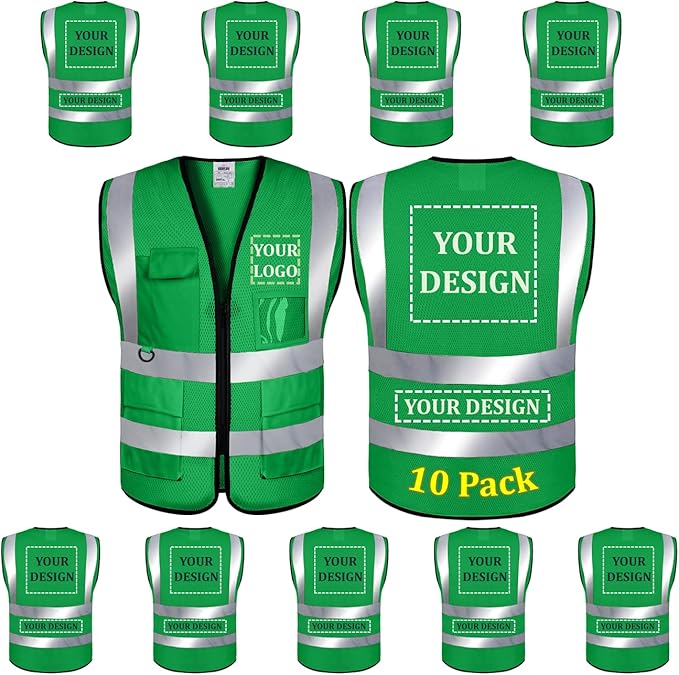 10 Pack Mesh Safety Vest Custom Logo High Visibility Reflective Vest with Pockets Security Work Vest（Green，S）