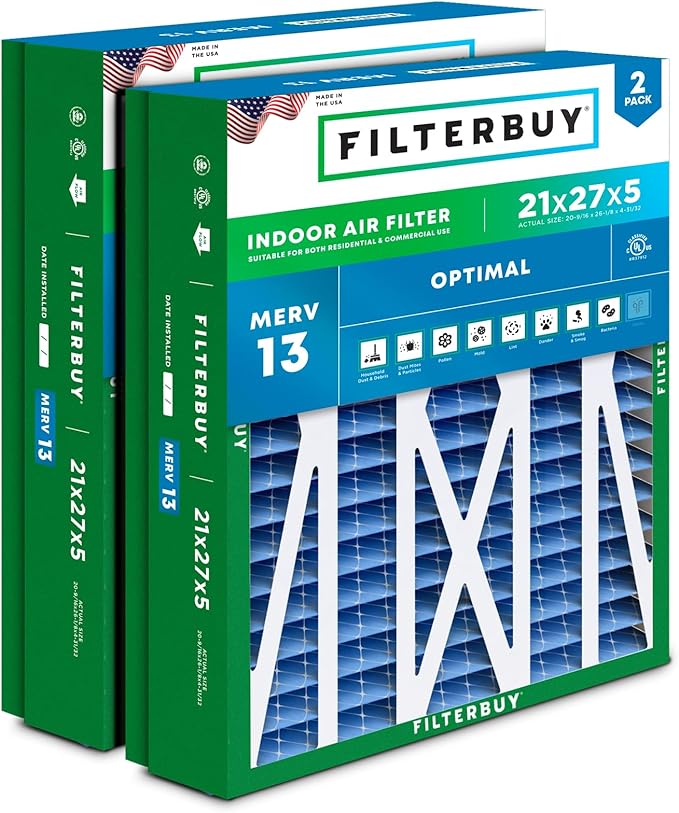 Filterbuy 21x27x5 Air Filter MERV 13 Optimal Smoke & Allergy Defense, Pleated