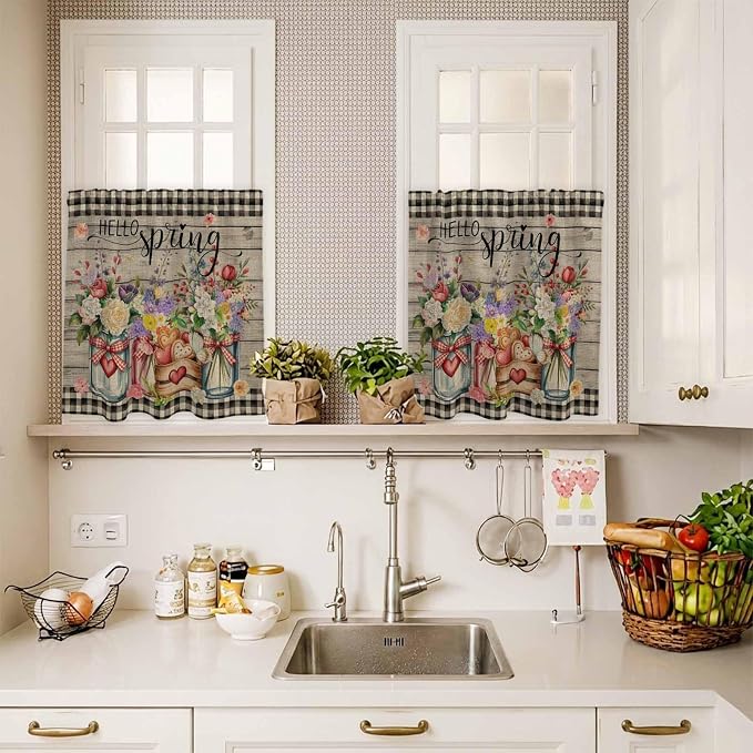 Spring Flowers Kitchen Curtain Set, Farmhouse Vintage Black Plaid Wood Grain