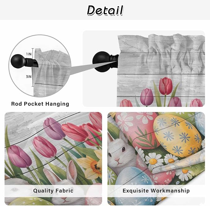 Easter Kitchen Tier Curtains 24 Inch Long 2 Panel Set, Rod Pocket Cafe Small