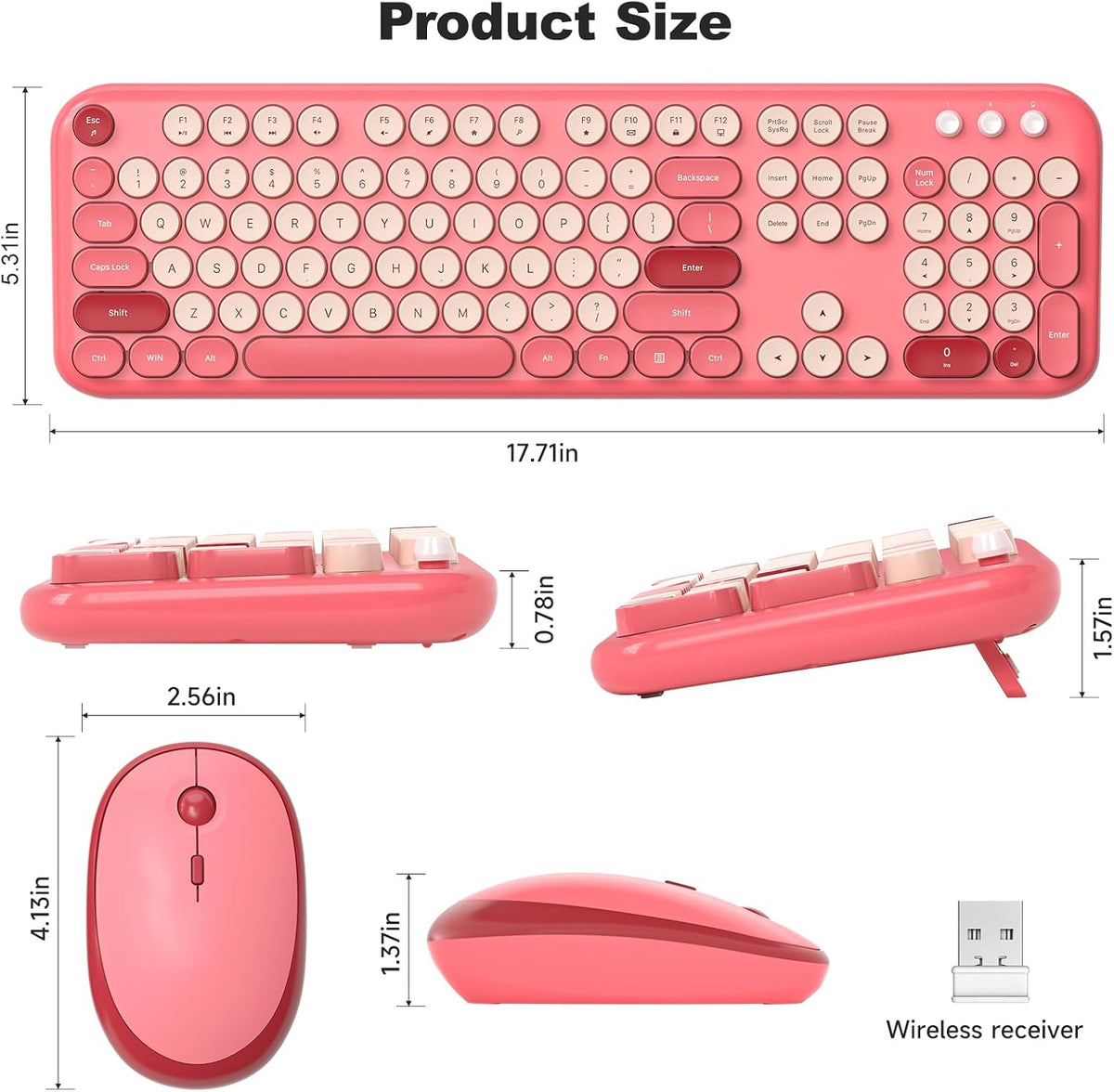 MOFII Wireless Keyboard and Mouse Combo, Cute Keyboard Full Size and Wireless Mouse, 2.4GHz Retro Typewriter Keyboard Mouse Set for PC/Desktop/Laptop/Windows (Hot Pink)