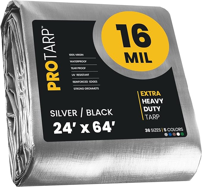 PROTARP Extra Heavy Duty 16 Mil Tarp Cover, Waterproof, UV Resistant, Rip and Tear Proof, Poly Tarpaulin with Reinforced Edges for Roof, Camping, Patio, Pool, Boat. (Silver/Black 24′ X 64′)
