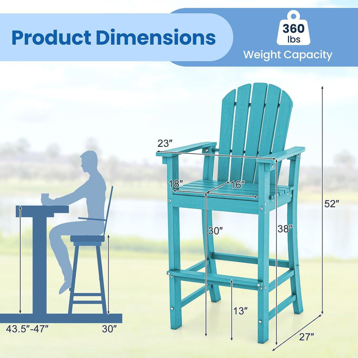 Tangkula Outdoor Tall Adirondack Chair 30 Inches Seat Height, HDPE Bar Height Patio Chair with High Backrest, Armrests and Footrest, Outdoor Bar Stool for Balcony Deck Garden Poolside (1, Turquoise)
