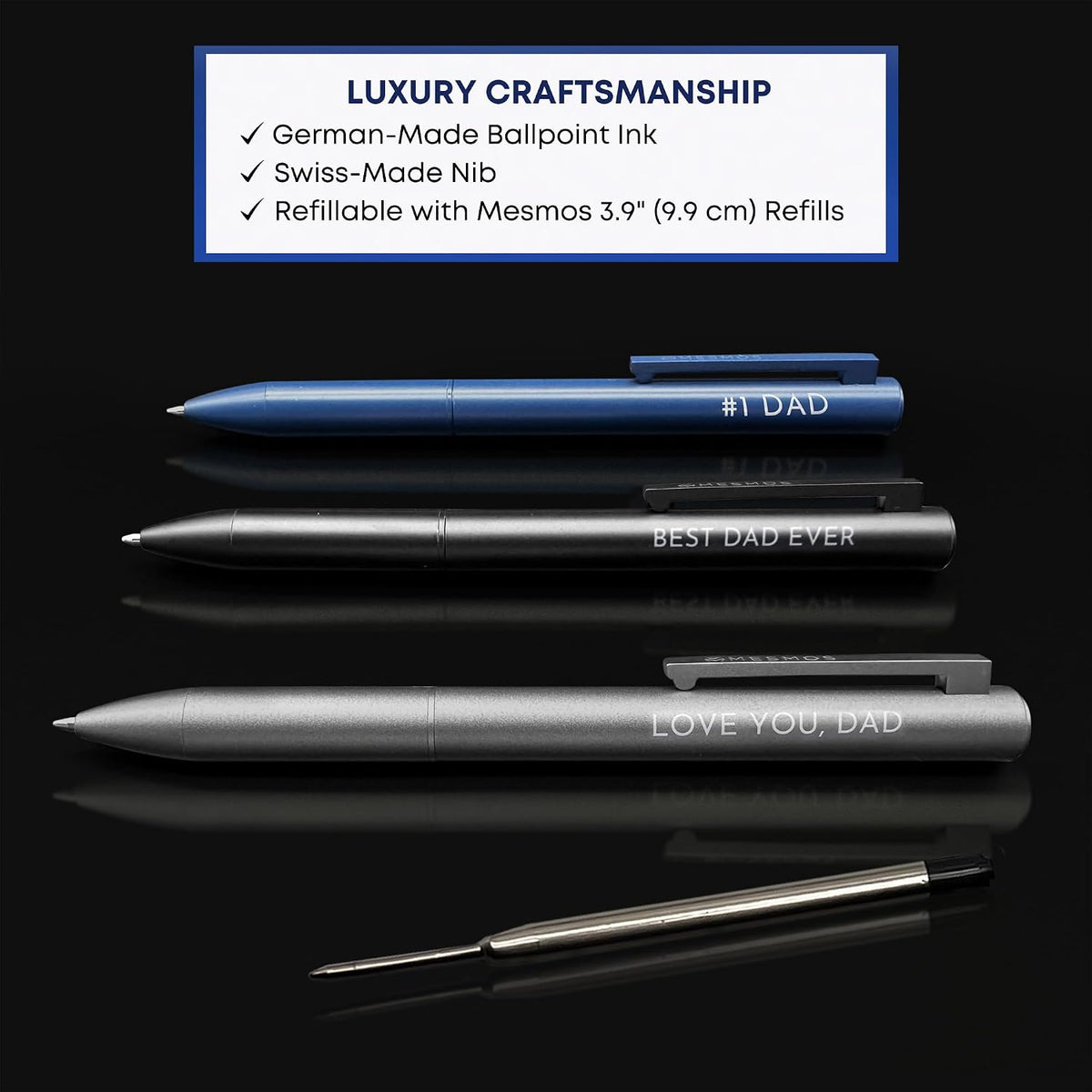 MESMOS Dad Pen Set, Best Ever Birthday Gift for Him from Daughter Son Wife, 3 Engraved Luxury Metal Ballpoint Pens, Cool #1 Dad Gift, Black Ink, Smooth German-Made Writing
