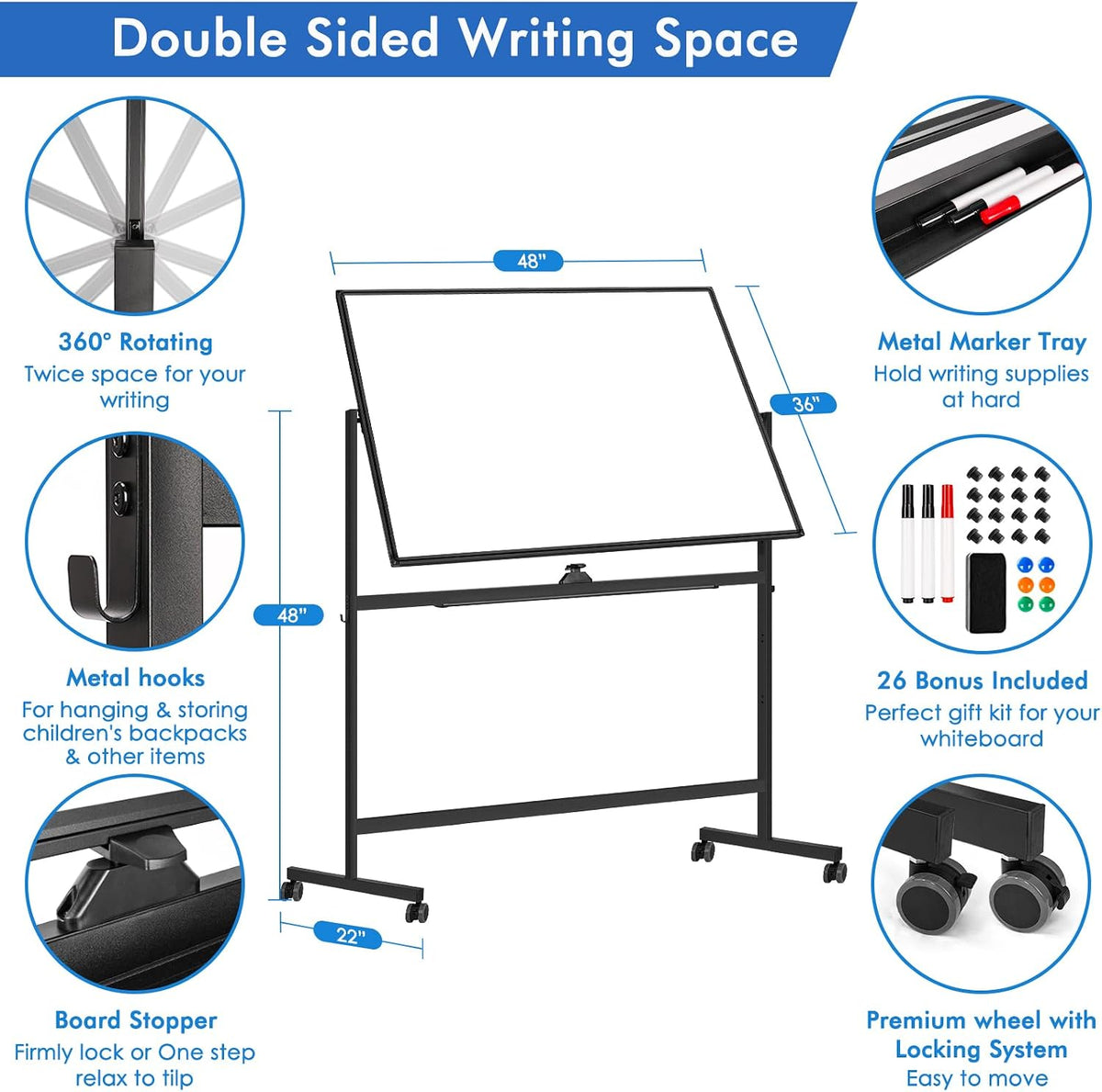 Maxtek Rolling White Board on Wheels 48x36 in, Double-Sided Magnetic Black