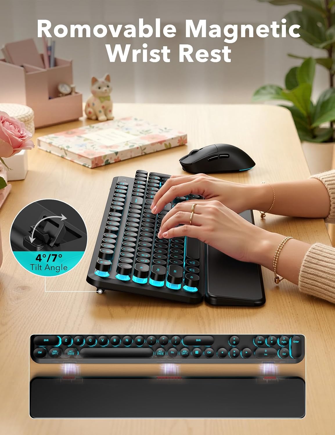 Wireless Keyboard and Mouse Backlit - Round Keycaps, Magnetic Wrist Rest