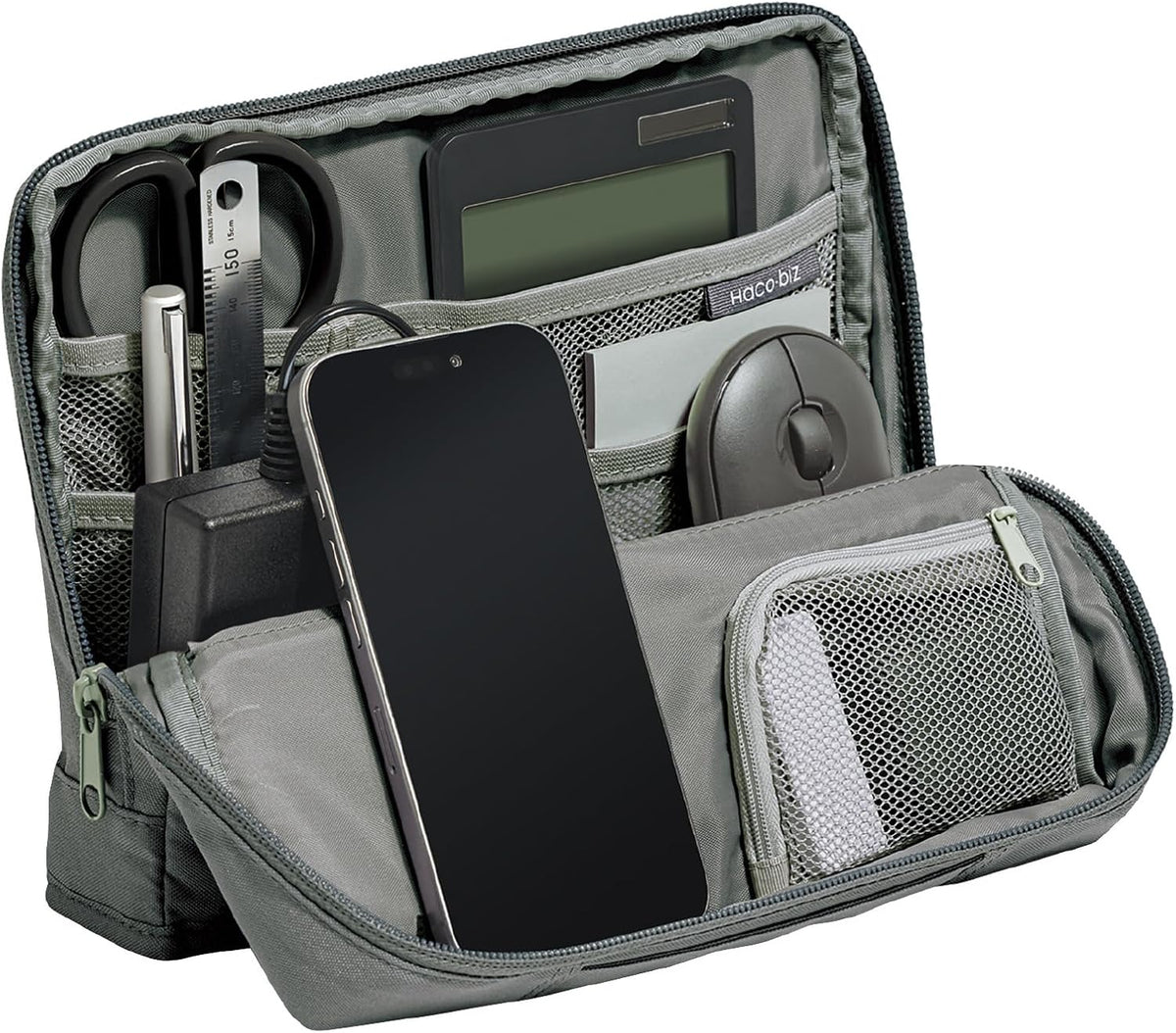 KOKUYO Pencil Case Pouch, Haco-Biz Standing Pen Pouch Bag, Foldable Stand up Pencil Holder Organizer, Large Capacity Portable Pencil Box for Office Supplies, Gray