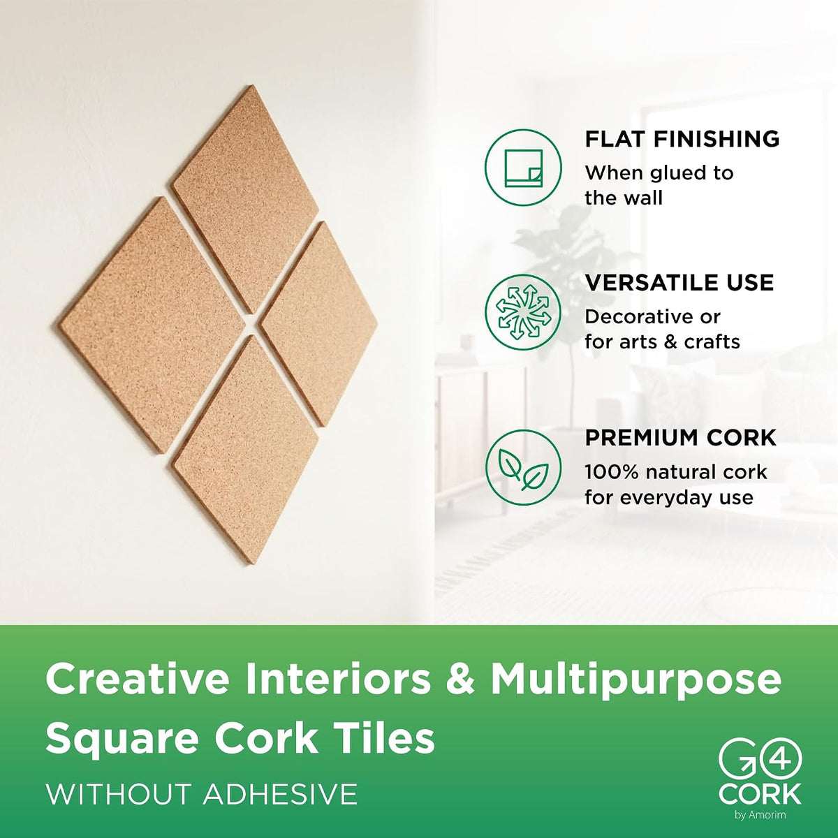 Go4Cork Square Double Sided Cork Tile Panels, 4 Pack, 8.5 x 8.5 x 5/32"
