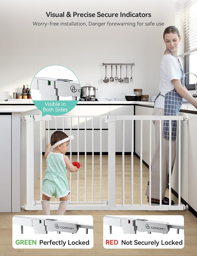 COMOMY 30" Tall Baby Gate for Stairs Doorways, Fits Openings 29.5" to 51.6" Wide, Auto Close Extra Wide Dog Gate for House, Pressure Mounted Easy Walk Through Pet Gate with Door, White