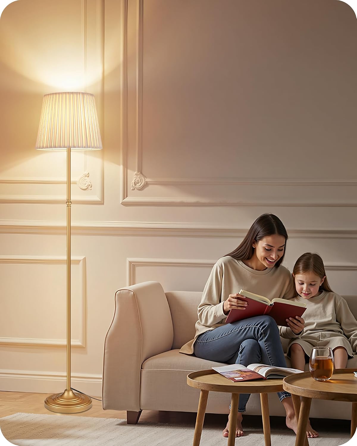 Dimmable Floor Lamp for Living Room, 68" Tall Standing Lamp, Reading Light with Remote & Foot Pedal, 10W LED Bulb (3000K-6500K) Included, FCC Listed, Reinforced Base, Gold and White DW12LD05