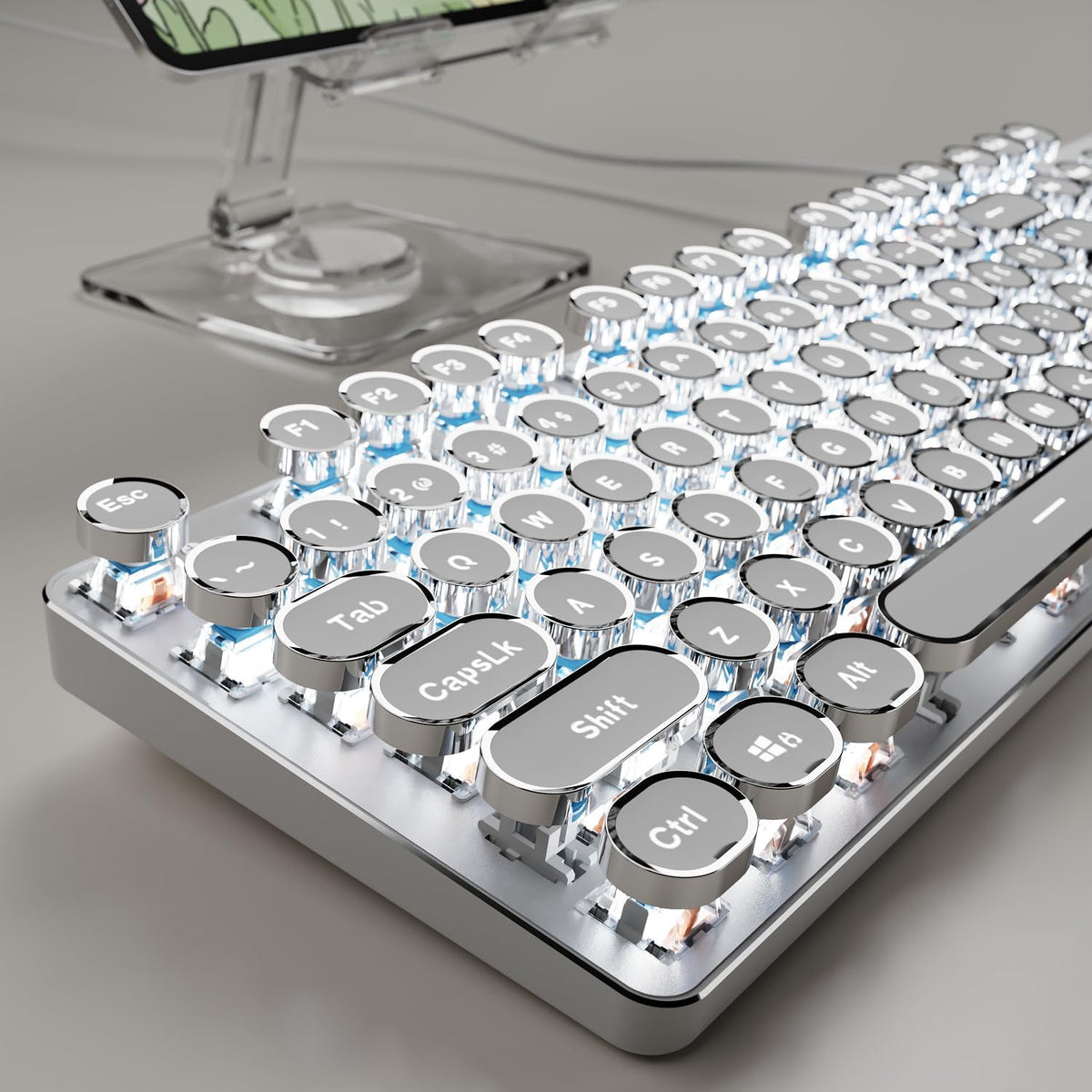 Wired Typewriter Style Mechanical Gaming Keyboard with White Backlit-White