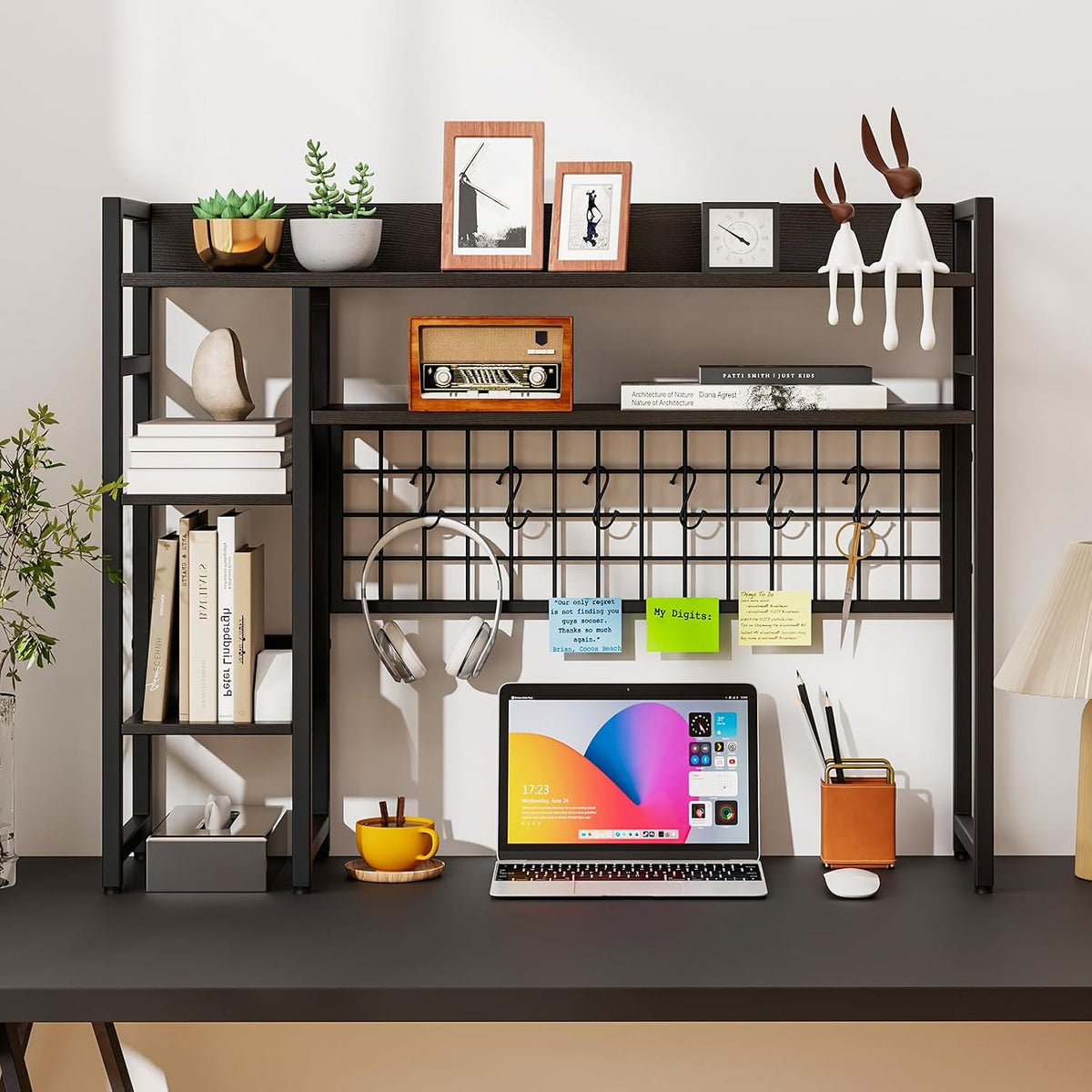 GOFLAME Desktop Bookshelf, 37 Inch Desk Shelf for Computer Monitor, 4-Tier Desk Hutch with Grid Panel 6 Hooks Set, Industrial Countertop Storage Organizer Shelf for Home Office, Dorm (Black)