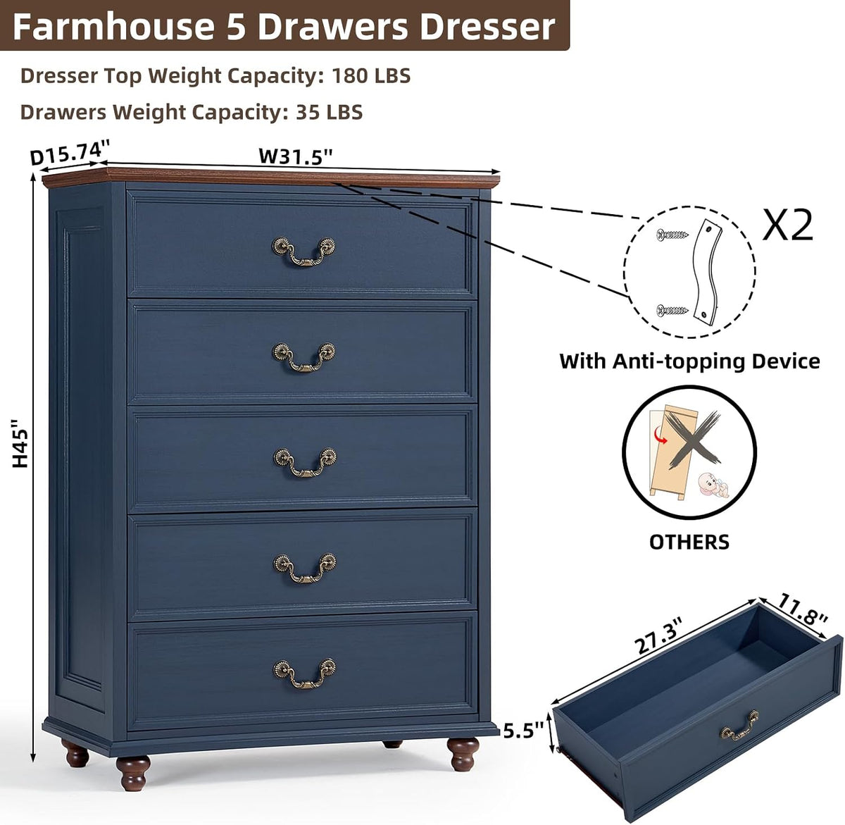 Joaxswe Farmhouse 5 Drawer Dresser for Bedroom, 45" Tall Rustic Chests of Drawers w/ 4 Solid Wood Feet, Mid Century Modern Wooden Closet Storage Dressers Organizer for Living Room, Hallway, Navy Blue