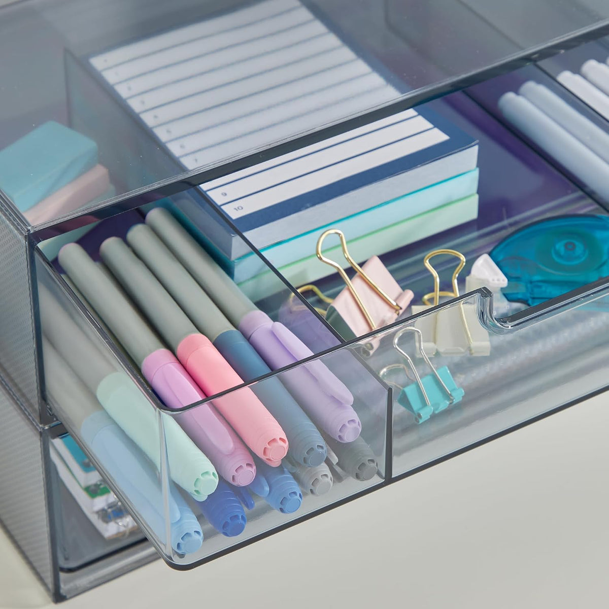 STORi STAX Plastic Stackable Organizer Drawers (Set of 2) Classic Grey | 12.5" Wide | Set Includes One Open Drawer & One Divided Drawer | Organize Office Desk Accessories & Sort Paper | Made in USA
