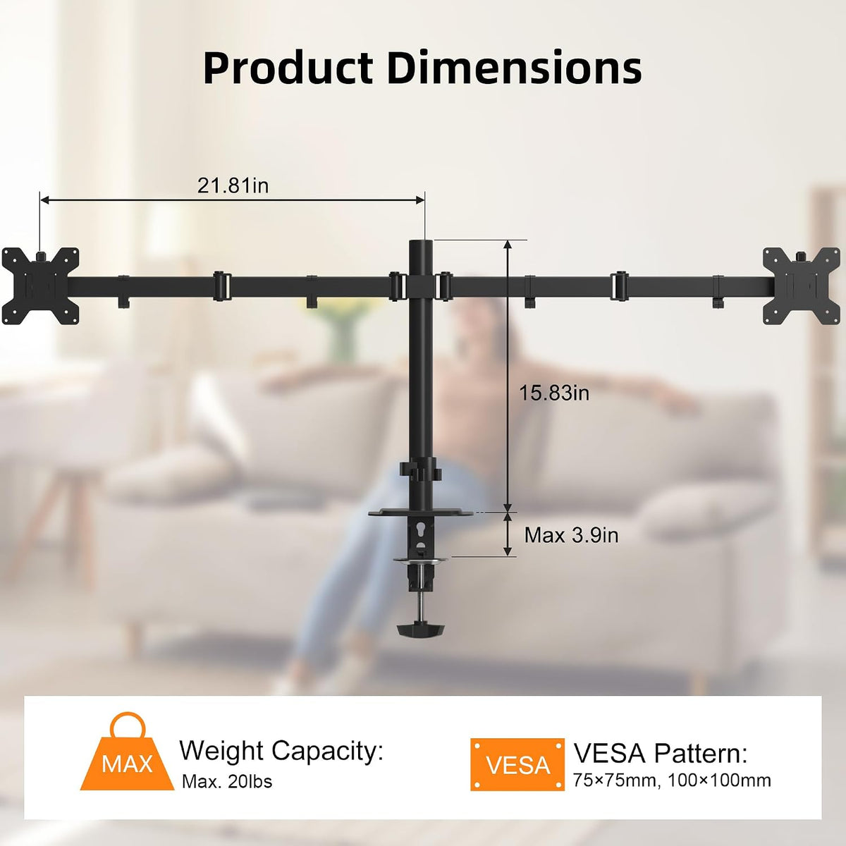 Pholiten Dual Monitor Mount for up to 42Inches, Supports 22 lbs Each