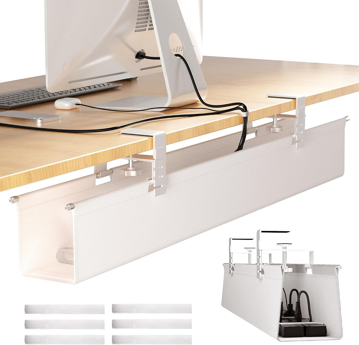 [Upgraded] Large Under Desk Cable Management Tray, Cinati Cable Management Under Desk No Drill, 28.4" Fabric Cord Hider for Wire Organizer, Cord Organizer for Office, Home - Supports Up to 30lbs White