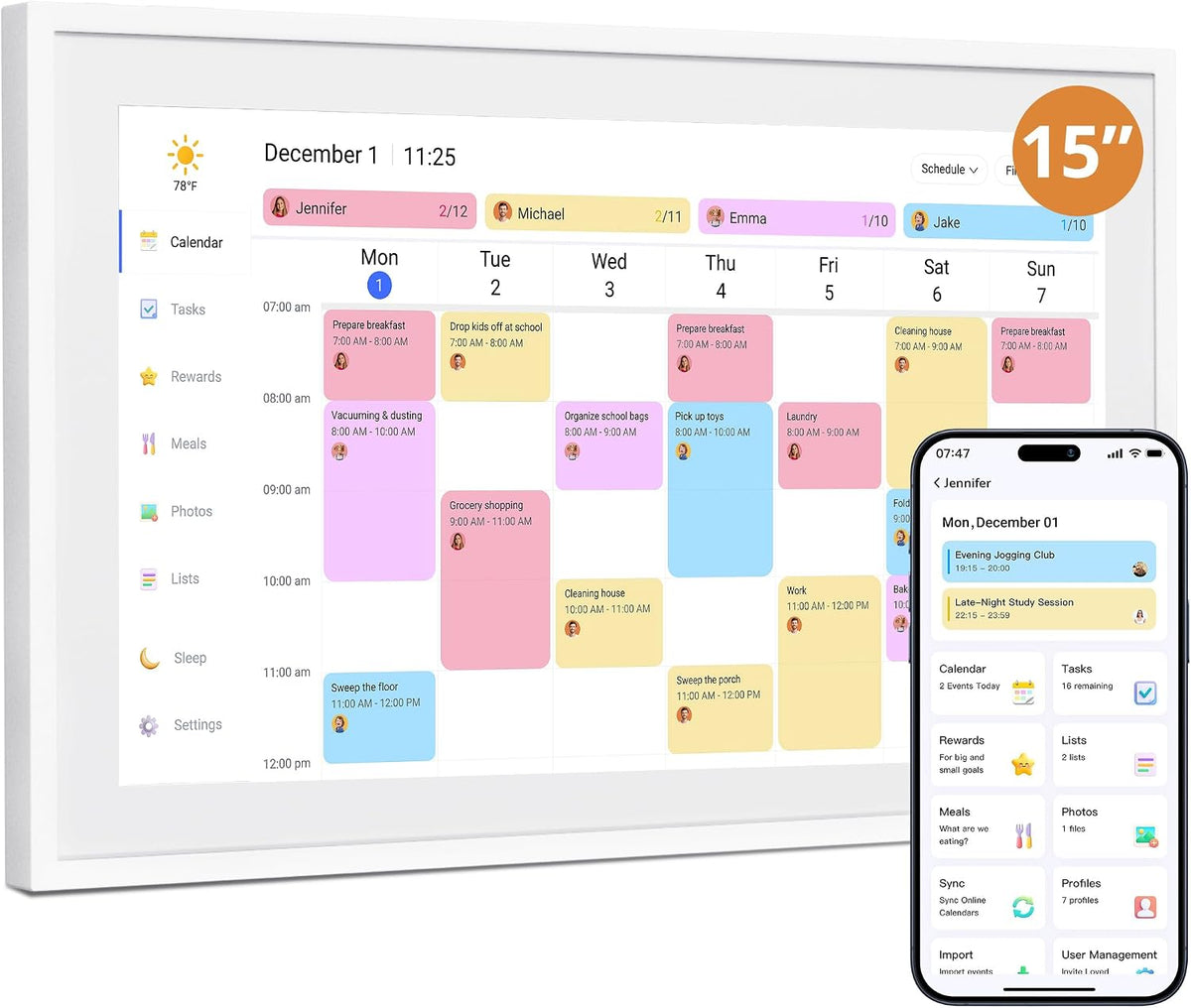 Digital Calendar 15" Touchscreen, Electronic Family Chore Planner Wall Desk