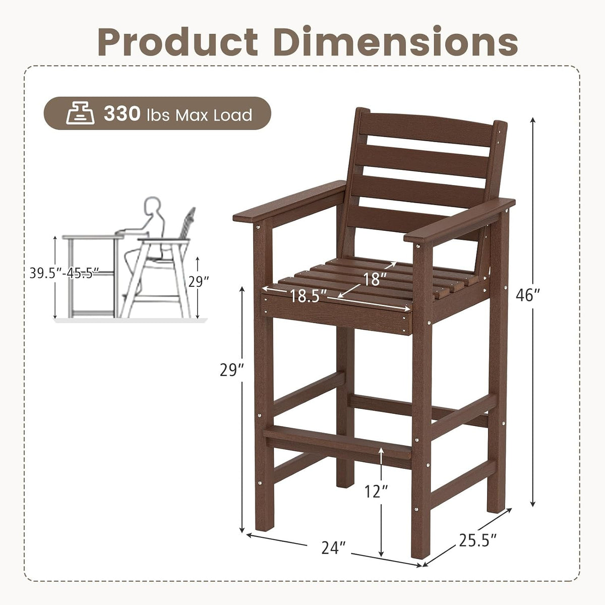Tangkula Patio Adirondack Chairs Set of 2, HDPE Bar Height Chair with Wide Armrests & Footrest, Outdoor High-Top Slatted Bar Chairs with Backrest for Backyard, Lawn, Poolside (Brown)