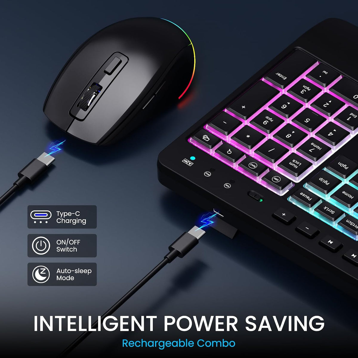 Wireless Keyboard and Mouse Combo - Dual System RGB Backlit Mouse and Keyboard,2.4G Rechargeable,Full-Sized Ergonomic Silent Design with Phone Holder for Windows Mac PC Laptop (Black-V3)