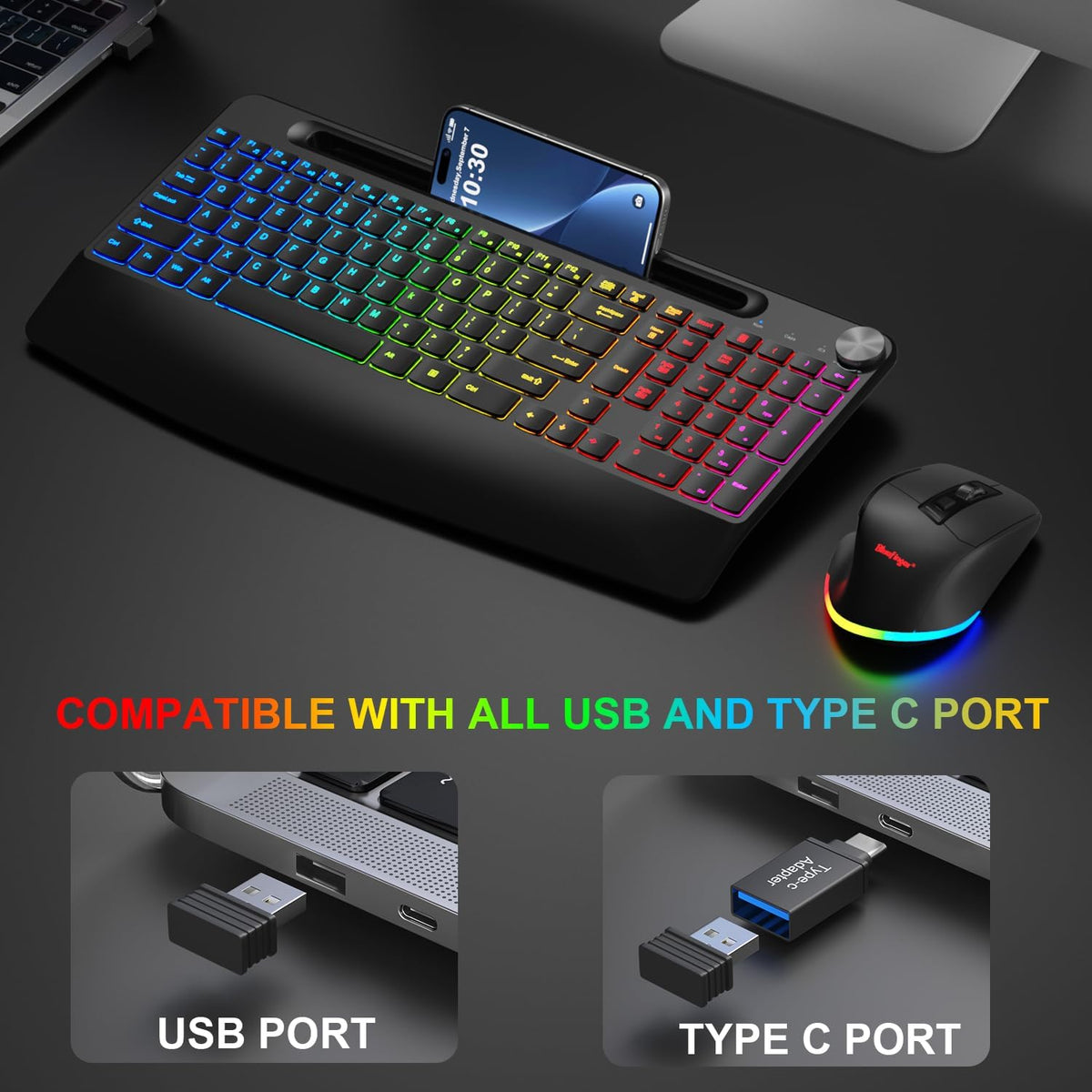 BlueFinger Wireless Keyboard and Mouse Combo Backlit, 2.4G Rechargeable Ergonomic Gaming Keyboard with Wrist Rest, Phone Holder, Volume Knob, Silent Light Up Keyboard with Mouse for Computer Laptop