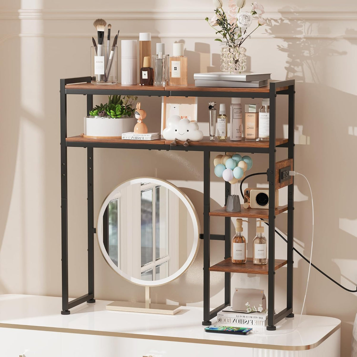 Aetheris Desktop Organizer Shelf, 30" Wooden Office Storage Rack with Outlets, Display Shelf Rack with Light Strip, 5 Tier Desktop Display Rac, Desk Shelf, Desk Hutch for Computer Monitor, Brown