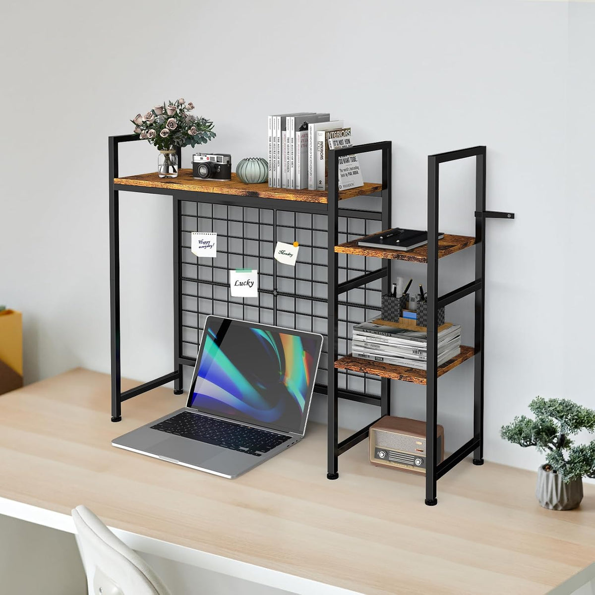 YBING Desk Shelf for Top of Desk Hutch - 4 Tier Computer Bookcase, Brown Wood Desktop Display Storage Rack Organizer for Home Office, Dorm