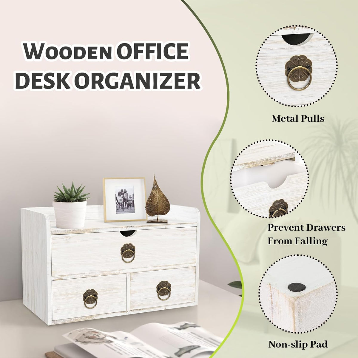 Wood Desk Organizer with Drawer, White Wooden Desktop Organizer, Tabletop Storage Organization Box for Countertop, Home Office Supplies, 13.5x6.6x8.2 Inch(3 Drawer and Shelf)