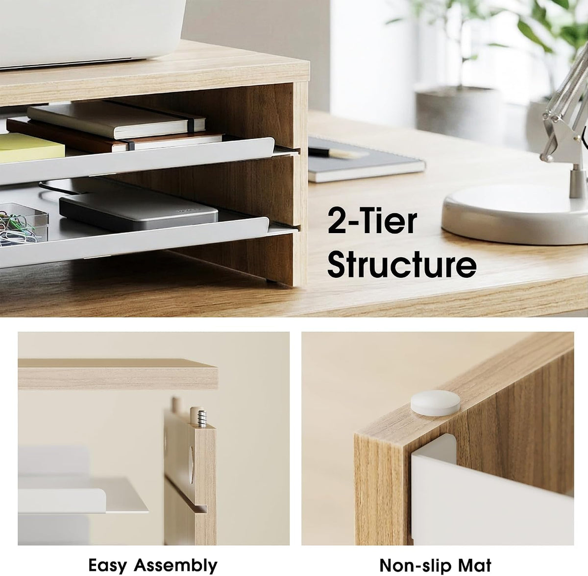 Fenge 14.3-Inch Monitor Stand with Slide-Out Trays, Wood & Metal Desk Shelf
