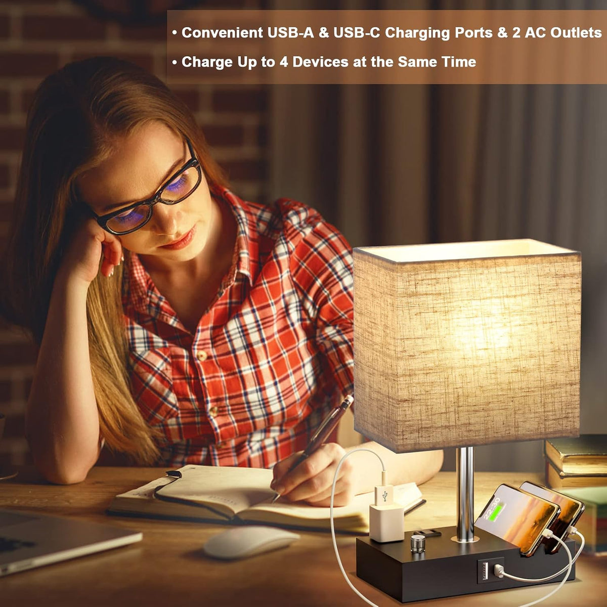 Beige Table Lamp for Bedroom - Stepless Dimmable, USB C+A, 2 AC Outlets