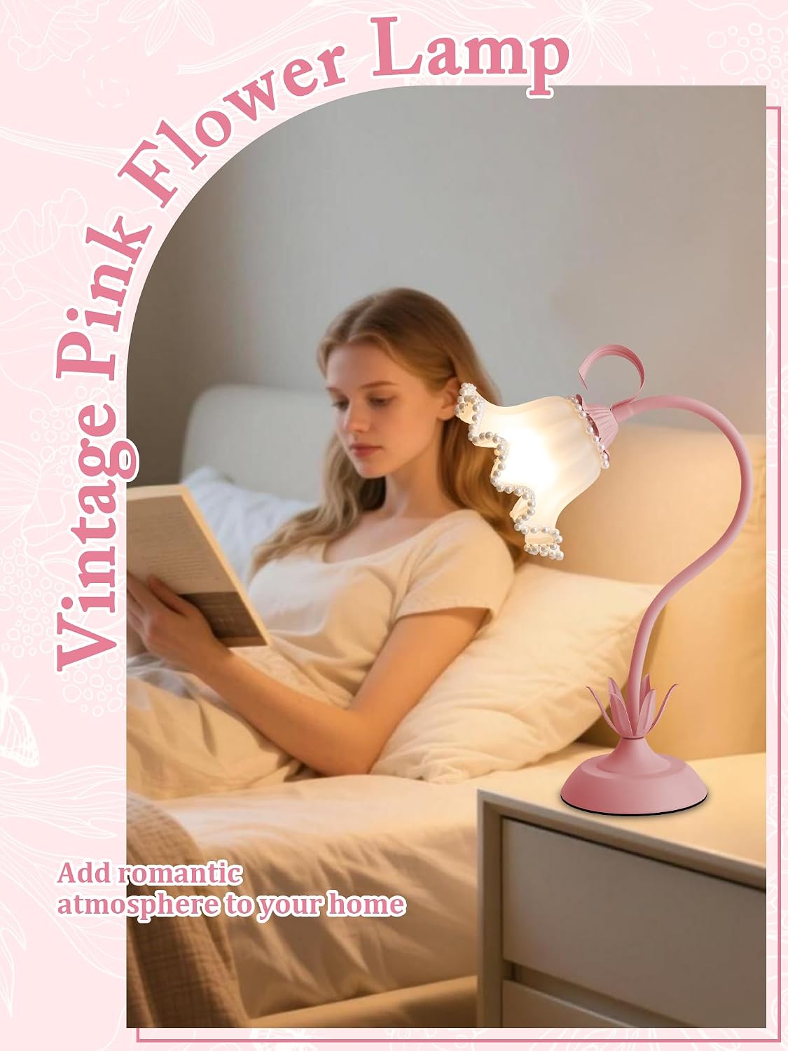 Flower Table Lamp LED Reading Light Vintage Night light (Pink Pearls)