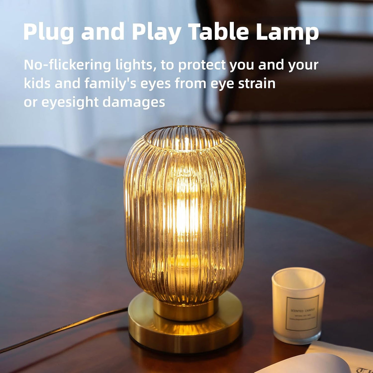 Modern Bedside Table Lamp, Smoky Gray Glass Table Lamp, Plug in