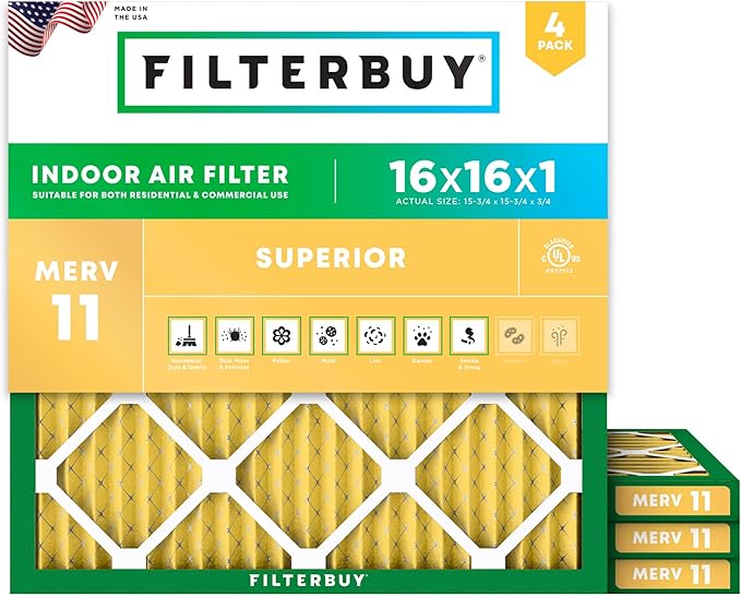 Filterbuy 16x16x1 Air Filter MERV 11 Superior Pet & Allergy Defense,