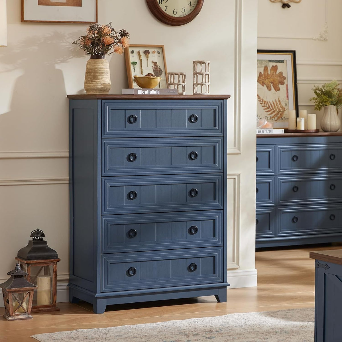 Joaxswe Farmhouse 5 Drawer Dresser for Bedroom, 42" Tall Small Dressers & Chest of Drawers, Rustic Wood Dresser with Metal Handle, Storage Organizer Closet for Living Room, Hallway, Entryway