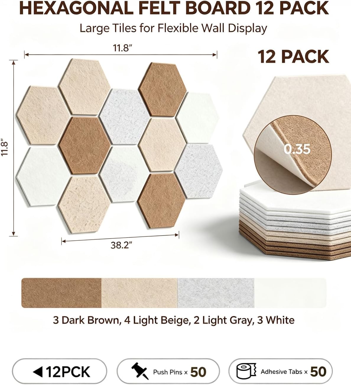 Hexagon Felt Bulletin Cork Board Tiles, 12 Pack Pin Board for Walls Decor