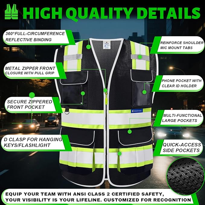 BeautyWill 5 Pack Safety Vest Class2 ANSI Certified Custom Logo High Visibility Reflective Vest for Men -10 Pockets Personalized Logo Heavy-Duty Work Vest（Mesh Black，XL）
