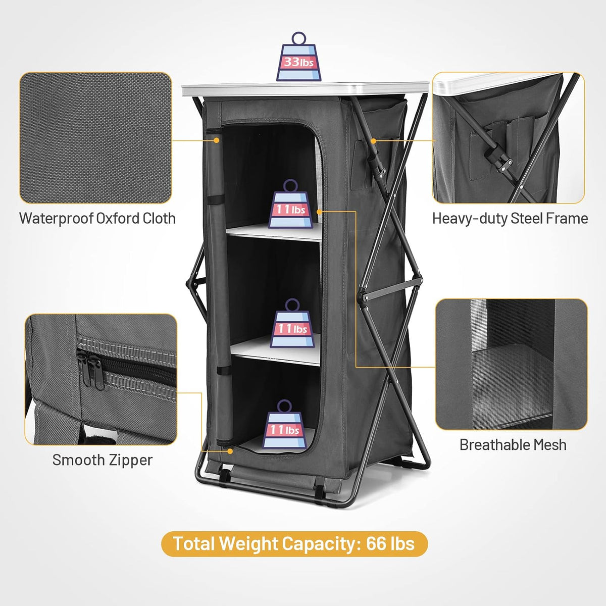 GIANTEX Folding Camping Storage Cabinet with 3 Shelves and Carry Bag, Portable Outdoor Organizer Kitchen Table, Quick Set-up for BBQ, Picnic, Backyard, Compact Pop-Up Cupboard, 47''H