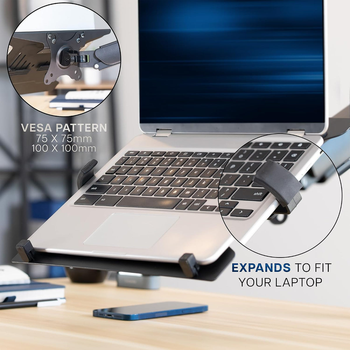VIVO Universal Adjustable 10 to 15.6 inch Laptop Mount for Desk, Single Mechanical Arm VESA Notebook Stand with C-clamp and Grommet Options, Black, STAND-V001O-L