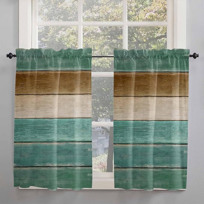 Vintage Plank Turquoise Brown Window Valance Curtains, Farmhouse Wood Grain