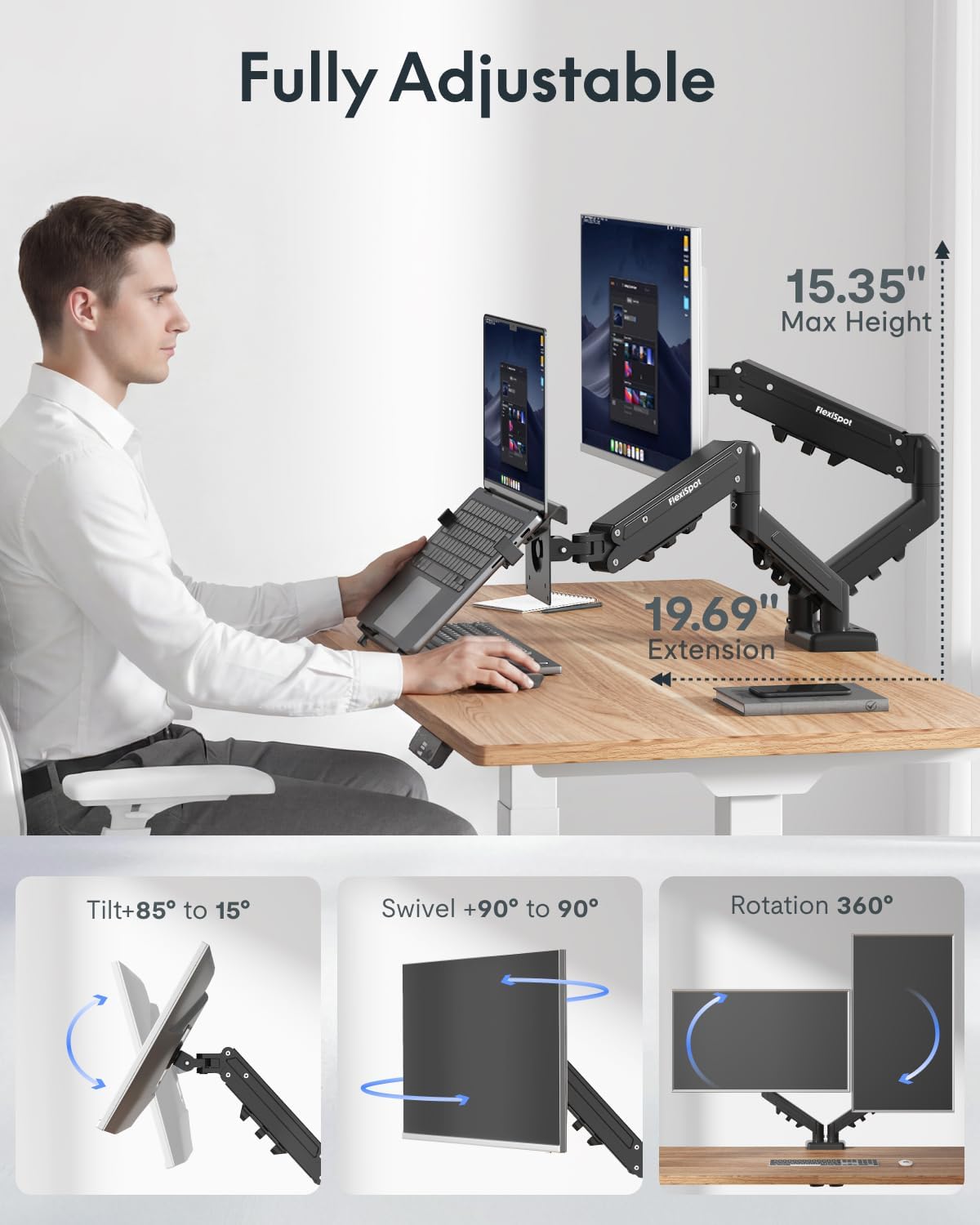 FlexiSpot Laptop Mount, Dual Monitor Arm with Laptop Tray, Fits Up to 32 Inch Monitor and 17.3 Inch Notebook, Full Adjustable Gas Spring Holds up to 19.84lbs per Arm for Office & Home, Black