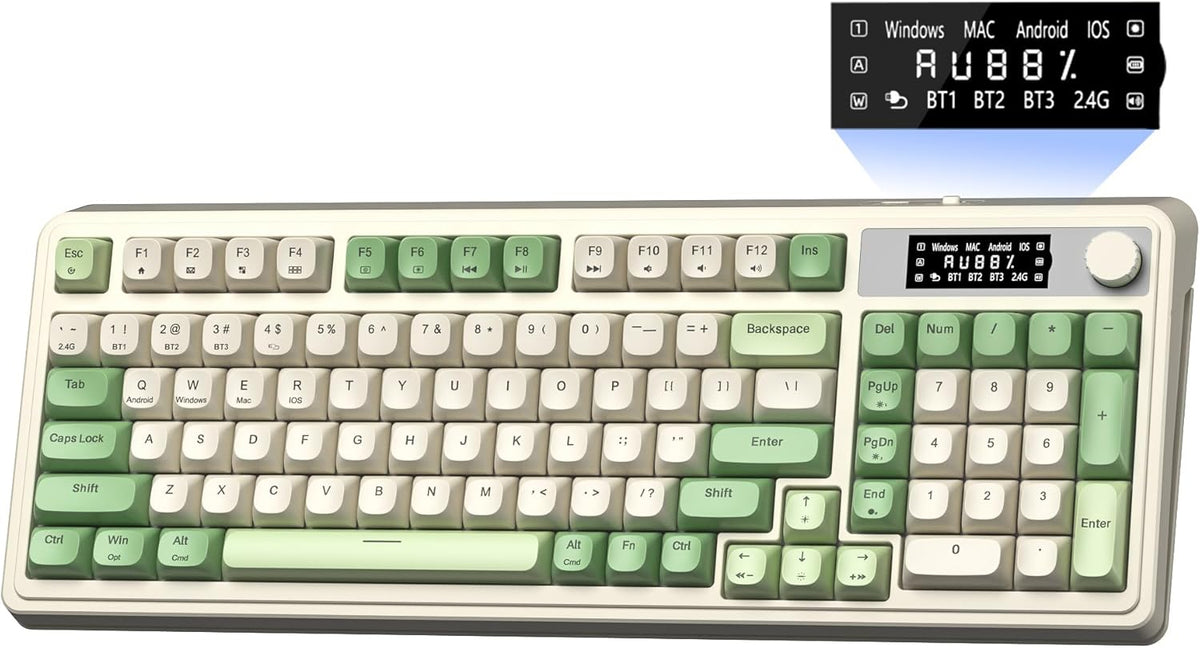 AULA S99 Pro Wireless Keyboard, Display Screen & Media Knob, Tri-Mode Bluetooth/2.4G/USB-C RGB Creamy Gaming Keyboard with Number Pad Macro Keys, Custom Computer Keyboards for Laptop PC Gamer - Green