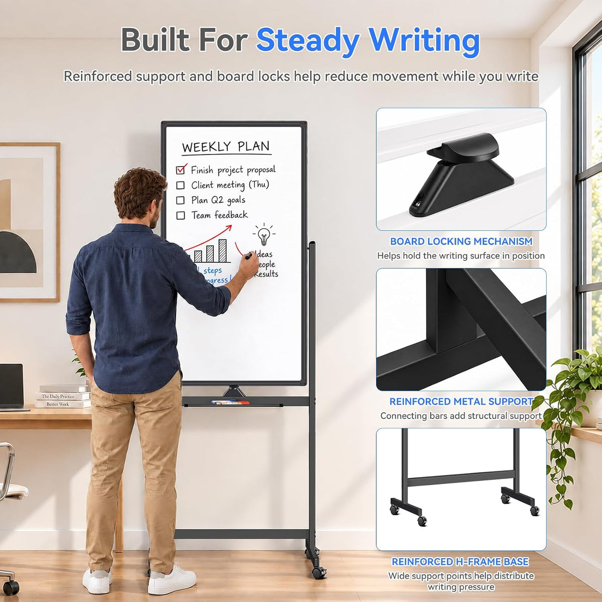 Maxtek Magnetic White Board on Wheels 40x24 Black Mobile Double-Sided Board