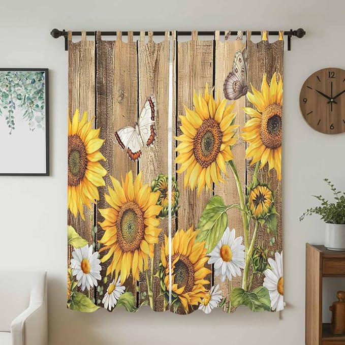 Farmhouse Sunflowers Living Room Curtains 84 Inch Length, Window Curtains Tab