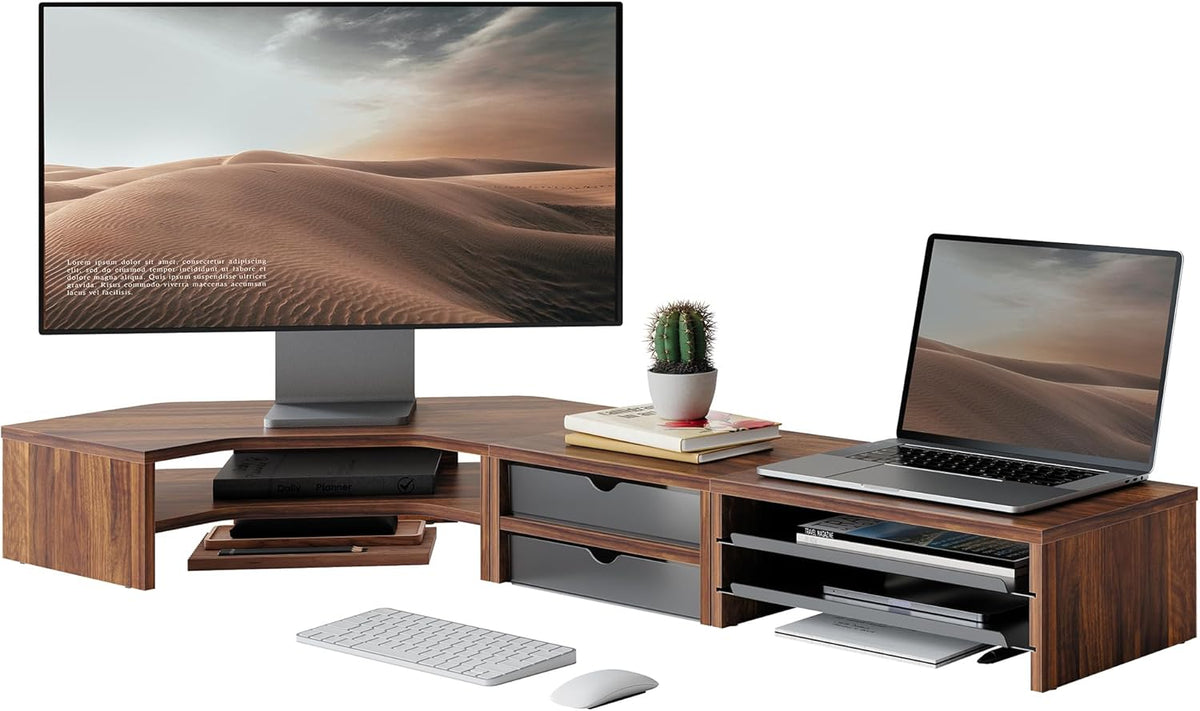 Fenge Dual Monitor Stand, Corner Desk Shelf with Drawer & Slide-Out Tray