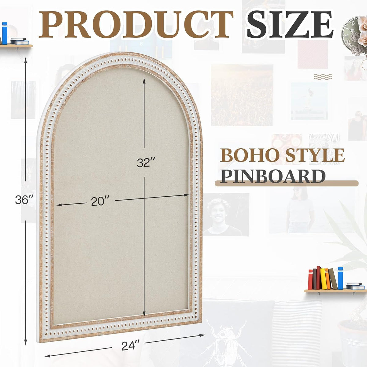 Wonderjune Linen Display Pinboard, Arch, 24" X 36", Distressed White