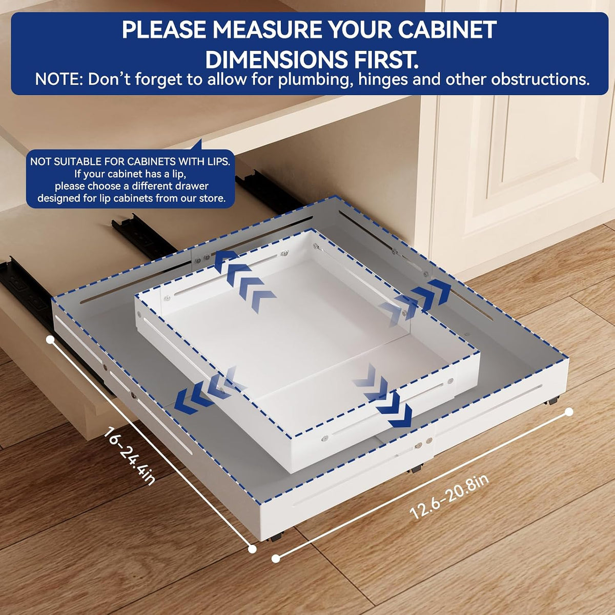 Pull out Cabinet Organizer, Full Metal Expandable Width (12.6"-20.8") & Depth (16"-24.4") Adjustable Slide out Drawers, No Drill Adhesive Roll out Shelves for Kitchen Pantry, White