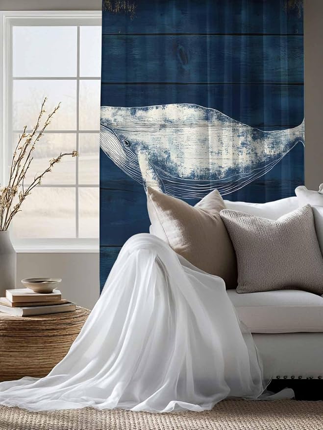 Sheer Curtains 63 Inch Length, Summer Whale Semi Sheer Curtains Light Filtering