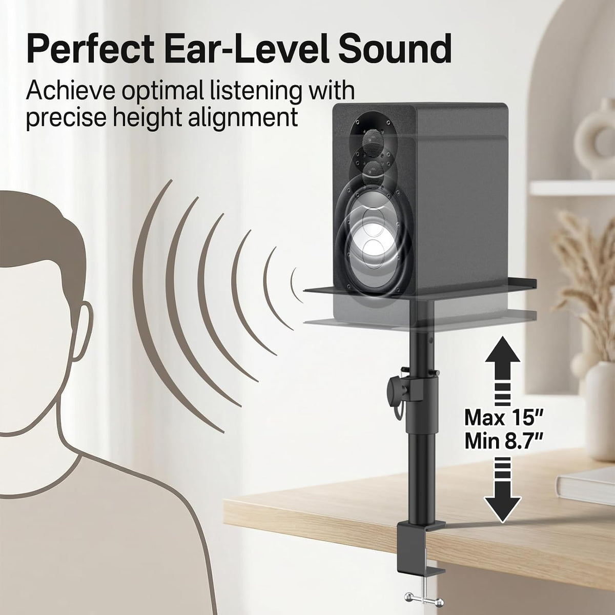 Clamp-On Desktop Speaker Stand Pair, Heavy-Duty 9.3" x 8.9 Plate for Edifier, KRK, Klipsch, Yamaha, Samsung HW-Q Series, Height&Angle Adjustable Bookshelf Speaker Stands, Built-in Cable Management