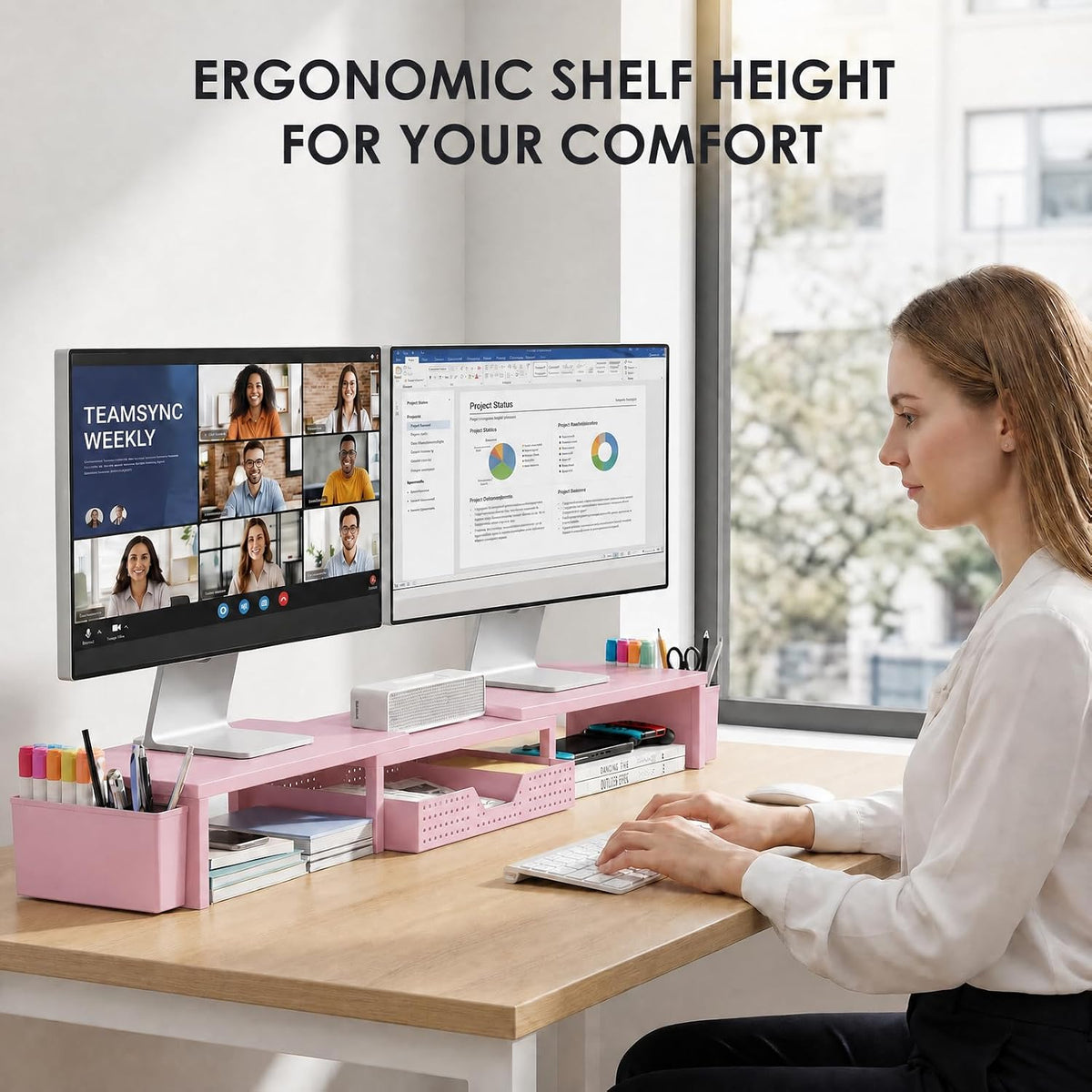OPNICE Desk Organizers and Accessories, Dual Monitor Stand Riser with Drawer and 2 Pen Holders, Desk Shelf Computer Racks & Printer Stand for Office Workspace Organizers, Desktop Organization (Pink)
