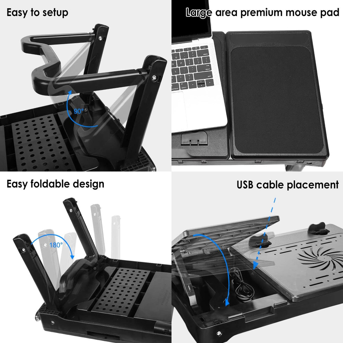 Laptop Table Stand for Bed, Adjustable Laptop Desk for Bed, Portable Desktop Lap Desk with Cooling Fan and 4 USB Port, Foldable Computer Lap Desk for Bed Sofa Couch Floor(Black)